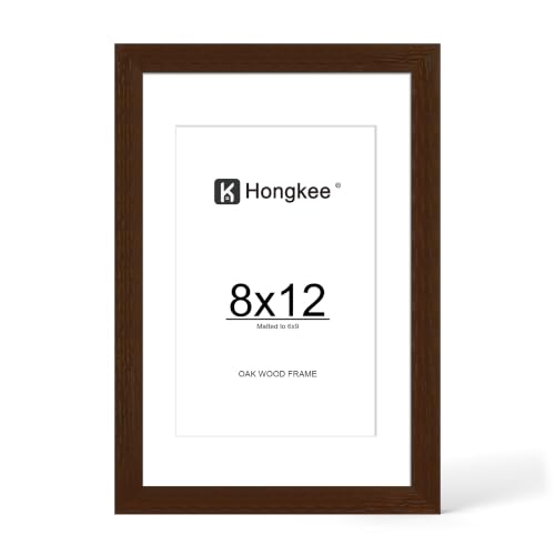 Hongkee 8x12 Oak Wood Picture Frame 1 Pack(Matted 6x9), Real Glass Cover