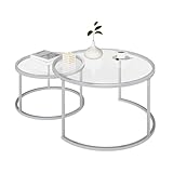 Lot de 2 Tables Basses Gigognes Rondes en Verre Trempé et Métal Argenté, Table de Salon Transparente Design Scandinave Moderne, Grande 80x45cm & Petite 60x35cm, Montage Facile