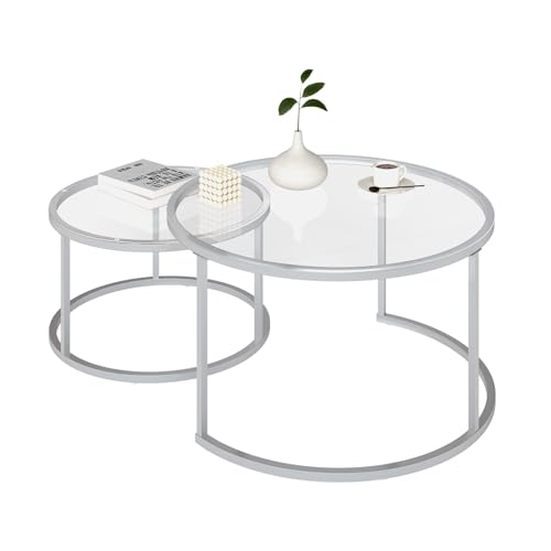 Ginhow 2er Set Couchtisch Rund Glas Silber Wohnzimmertisch Rund 80x80 Glastisch Wohnzimmer, Couchtisch Modern Coffee Table Set 80 + 60 cm mit Silber Metalltischbeinen