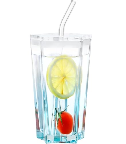 Image of Kamvy Glass Tumbler with Airtight Lid and Straw Pack of 1, 350ml Star Shape Drinking Glasses Travel Sipper Coffee Mugs for Juice Cocktail Iced Tea Mocktail Hot Cold Drink Cup (Blue Star)