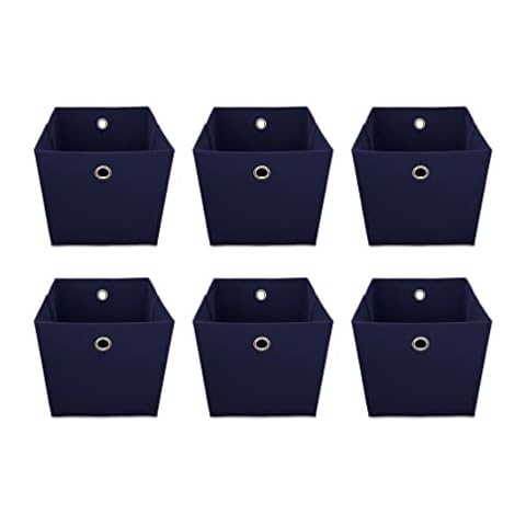 Webeasy Square Canvas Fabric Storage Box, Pack of 6 Eyelet Cube Foldable Open Bins for Home Office Nursery Organisation,Navy,28X28X28(CM) Cover