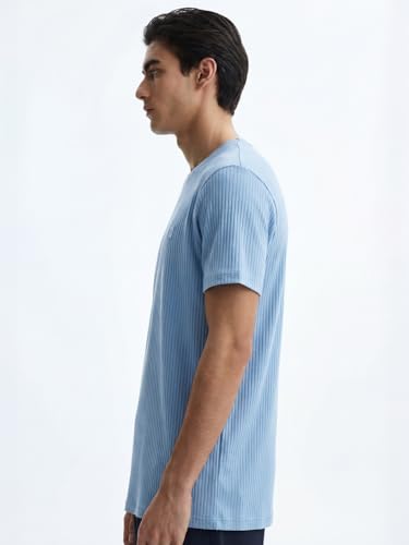 Image of DAMENSCH Men's Striped Texture, Cotton-Rich Comfort, Regular Fit, Solid Colours Striped T-Shirts