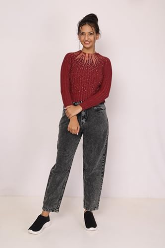 Image of ICW Women Knitted Rhinestone Embellised Daimond Studded Mesh Round Neck Long Sleeve Crop Top T-Shirt 206