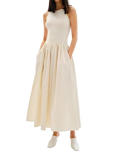 MISSACTIVER Crewneck Sleeveless Maxi Dress for Women Summer Flowy Patchwork Tank Top Long Dresses with Pockets Apricot