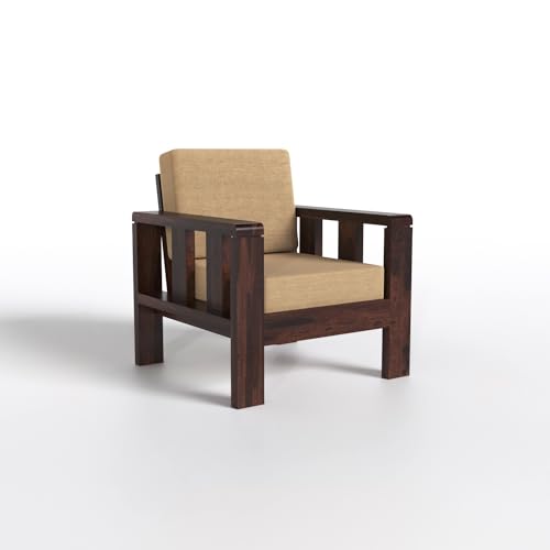 Image of Solid Wooden 1 Seater Sofa with Beige Cushion | Sheesham Wood Sofa 1 Seater, Single Seater Sofa for Living Room and Home Furniture in Walnut Finish | Sheesham Wood Sofa
