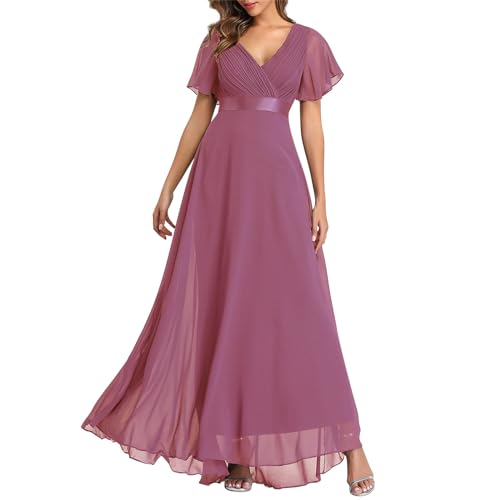 FUPODD Elegante Kleider Damen Spitze Chiffon Kleider Für Hochzeitsgäste Empirestil Hohe Taille Maxikleid Flatterärmel Blumen Lochstickerei...