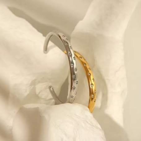 QueenBee 14K Gold Silver Open Cuff Bangle Bracelet, Dainty Starburst CZ Zirconia Elegant Gold Statement Bracelet for Women, Adjustable Minimalist Jewelry Birthday Wedding Gift for Her - Image 7