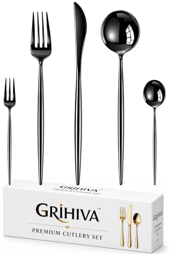 Image of 5 Pcs Black Cutlery Set for Dining Table the Perfect Lightweight Silim Handle Tableware Including Dinner Spoon, Dinner Fork, Dinner Knife, Dessert Spoon & Dessert Fork