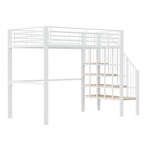 Hochbett 140 x 200 Stabile Metallkonstruktion mit geräumigem Stauraum unter dem Bett und Treppe Ideal für Kinder und Erwachsene Stauraumbett für maximale Platzeffizienz (Weiß)