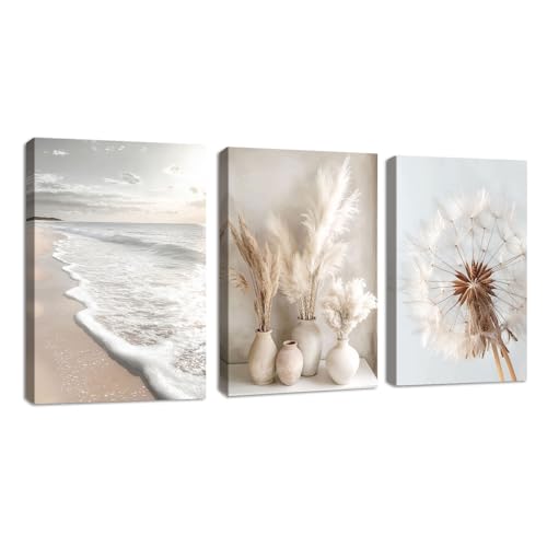 3 Pcs Modernos Cuadros Decorativos Boho Playa Paisaje Cuadros Beige Juncos Pampa Plantas Diente de León Lienzo Cuadros Decorativos Salón Dormitorio Decoración de Pared Listo Para Colgar 30x40cmx3Pcs