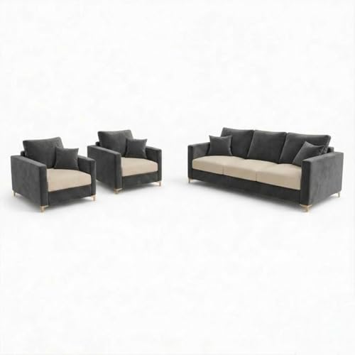 Image of Hayes Dual Tone Rich Velvet Suede 3+1+1 Seater Sofa Set | Golden Aesthetic Legs | Soft Touch Comfort Seating | 5 Person Seating | Modern Living Room Set (Dark Gray & Cream)