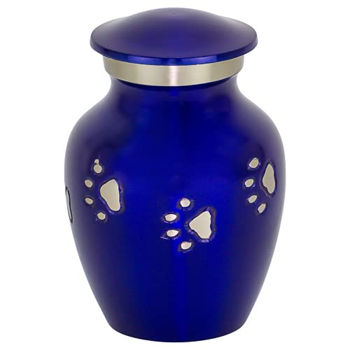 Blue with Silver Paw Prints Extra Small Pet Cremation Urn for Ashes, Brass, Blue Pet Urn, Dog Urn, Cat Urn, Extra Small Sized Pet Urn, 3.75 Inches High