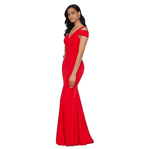 Image of Betsy & Adam Long Slim One Shoulder Dress | Cold Shoulder Evening Gown
