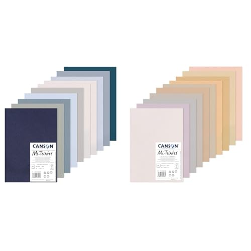 Bundle aus Canson Mi-Teintes, Farbiges Zeichenpapier, 160g, 10 DIN A4 Bögen, 10 kühle Töne + Canson Mi-Teintes, Farbiges Zeichenpapier, 160g, 10 DIN A4 Bögen, Pastelltöne