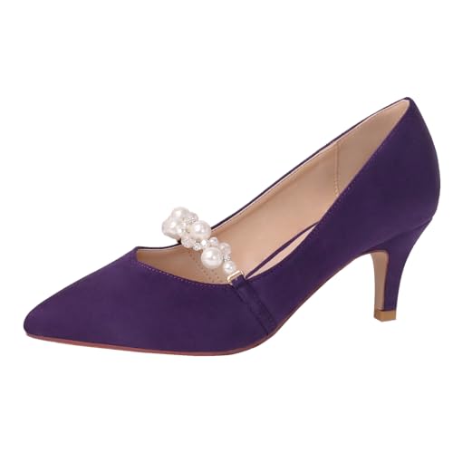 ERIJUNOR E3122 Women Faux Suede Pearl Pumps Comfortable Kitten Heel Evening Prom Wedding Shoes