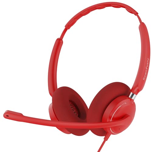 Rownfusny USB Computer Headsets for PC with Noise-Reduction Microphone, Call Answer Button for MS Teams & IP Phones, Lightweight Design & Memory Foam Cushions for All-Day Comfort (Red)