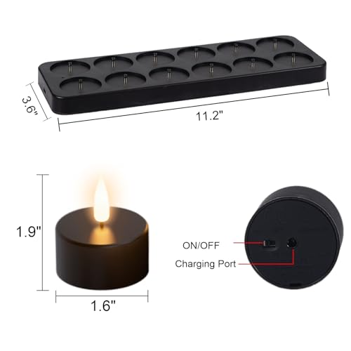 Image of GenSwin 12 Rechargeable Tea Lights Candles with Charging Base and Remote Timer, Flameless LED Tealight Candles Battery Operated Halloween Fall Wedding Table Centerpieces (Black, 1.57 inch x 1.85 inch)