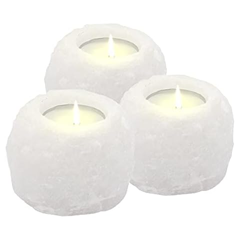 Himalayan Salt Candle Holder Tea light Holders, Himalian Salt lamp Tea light Candle Holder Natural Pink White Grey Crystal Rock Salt Tealight Holder- Healing Ionizing (Pack of 3, White) Cover