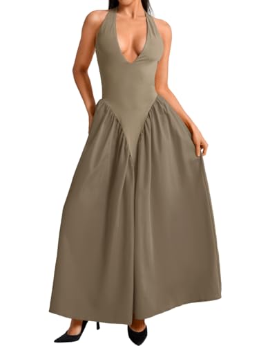 Image of ChiaoLezhee Deep V Neck Dress, Halter Maxi Dresses, Vacation Date Night, Sexy for Women Corset Flowy Wedding Guest Drop Waist