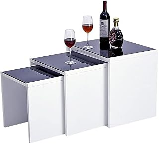 Panana Nesting coffee table, MDF+Tempered Glass Coffee Table Set of 3 End Side Tables Living Room Funiture, White & Black