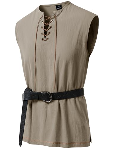 JEMITOP Mens Retro Pure Cotton V-Neck Sleeveless Shirt Renaissance Pirate Medieval Tunic Viking Knight Cosplay Costume Khaki L