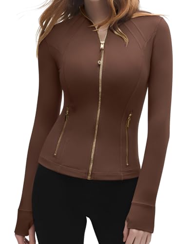 Image of SUUKSESS Women Golden Full Zip Up Workout Cropped Jackets Lightweight Athletic Yoga Tops