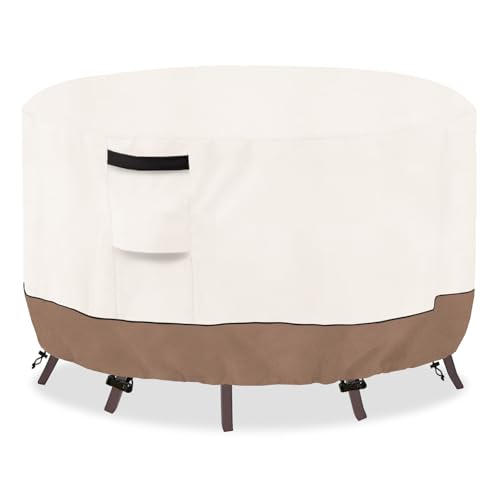 SoloToo Round Outdoor Table Cover Waterproof Heavy Duty Patio Furniture Covers Round Outdoor Dining Table Cover - 42 Dia x 28 H (Beige & Brown)