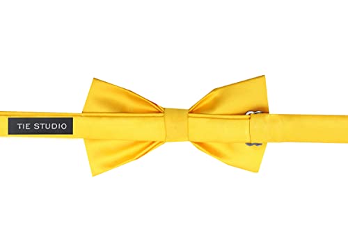 Image of Tie Studio Mens Formal Solid Bow tie | Satin | Microfiber | Standard Size | Premium fabric | Superior Clip Hold | Packaging - Box | Colour - Black Bow Tie (Set of 1)