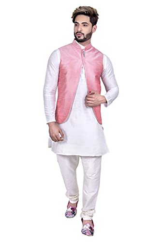Elegant Off-White Silk Indian Kurta Set with Light Pink Silk