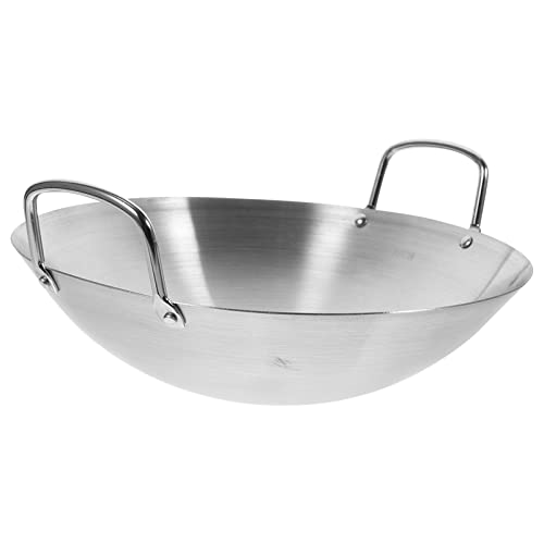 DOITOOL Wok in Acciaio Inox Padelle Wok Tradizionali Cinesi Giapponesi Padella Pentola con Doppio Manico Fondo Tondo Padella Antiaderente Pentole per Cucina Argento 26 Cm