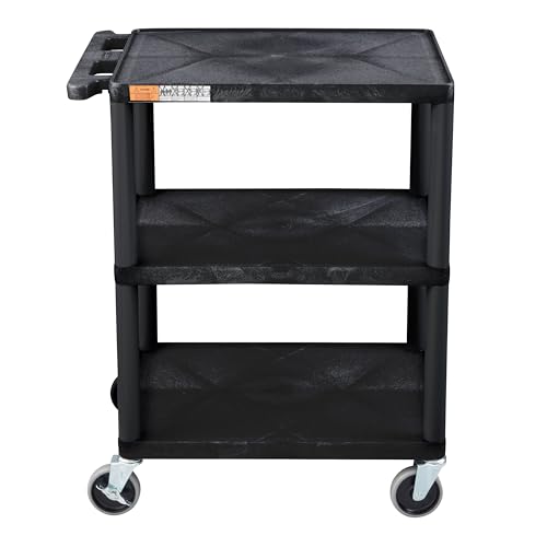 Image of Luxor Multipurpose Storage Utility Cart 3 Shelves Structural Foam Plastic - Black | HDPE Plastic Cart with 4 in Locking Casters and 12 in Shelf Clearance, Ideal Mobile Workstation for Garage or Warehouse Use