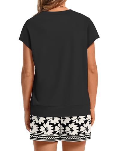 Image of WIHOLL Two Piece Sets for Women Summer Crew Neck Lounge Short Sets Cap Sleeve Drawstring Sweatsuit with Pocket