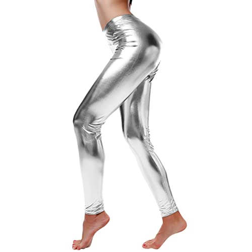 HHoo88 Women Metallic Wet Look Shiny Clubwear Leggings High Waist Faux-Leather Legging Stretchy Tights Pants Dancing Costume