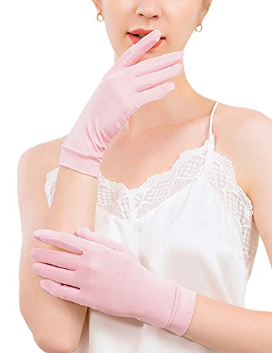 METWAY Mulberry Silk Gloves for Sleeping Women Summer Sunscreen UV Protection Thin Lightweight Pure Silk Overnight Glove Pink