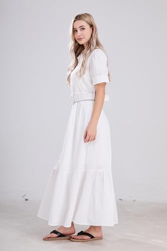 Image of utcoco Womens Striped Button Down Shirt Dress Casual Puff Short Sleeve Ruffle Hem Maxi Dresses with Belt