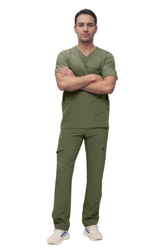 Monarch Uniforms Men's Scrub Set V-Neck Scrub Sets with Nine Large Pockets(Olive,Medium)