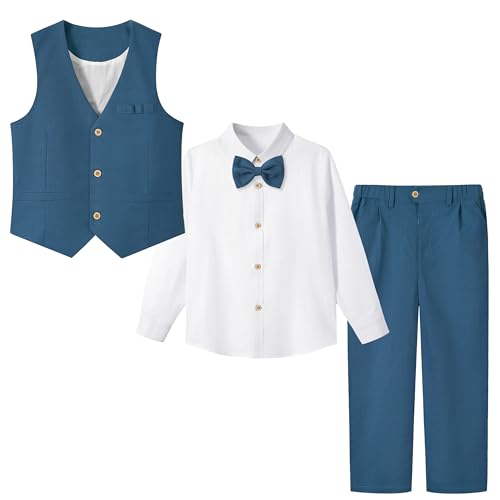 LOLANTA 4 Pièces Costume Garçon Mariage, Lin Gilet Pantalon Vetement Cérémonie Enfant, Tenue en Baptême, Fête d'anniversaire, Bleu, 5-6 Ans, 120