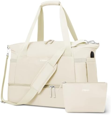 beige gym bag for women on suitcase showing carry-on compatibility