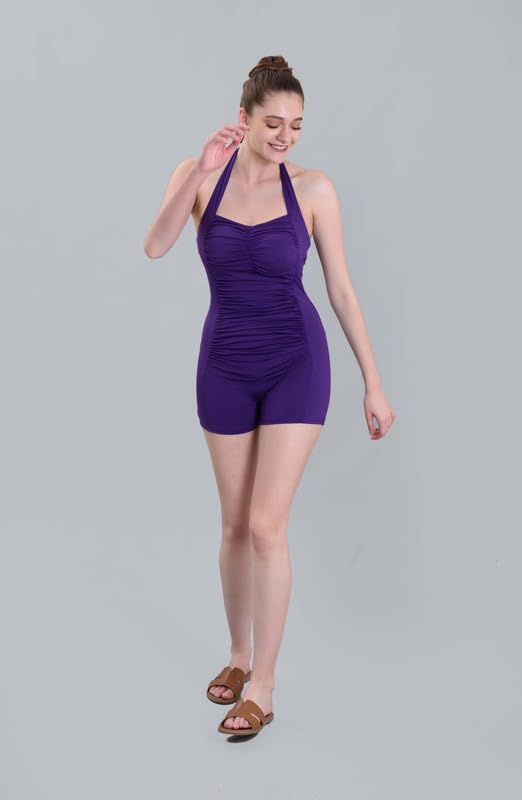 Image of Keepfit Women One Piece Sleeveless Halter Neck Ruched Swim Legsuit |Swimming Suit for Women