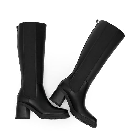 Knee High Boots Women Chelsea Platform Chunky Boots Slip on Faux Leather Square Toe Fall Long Tall Boots for Women3