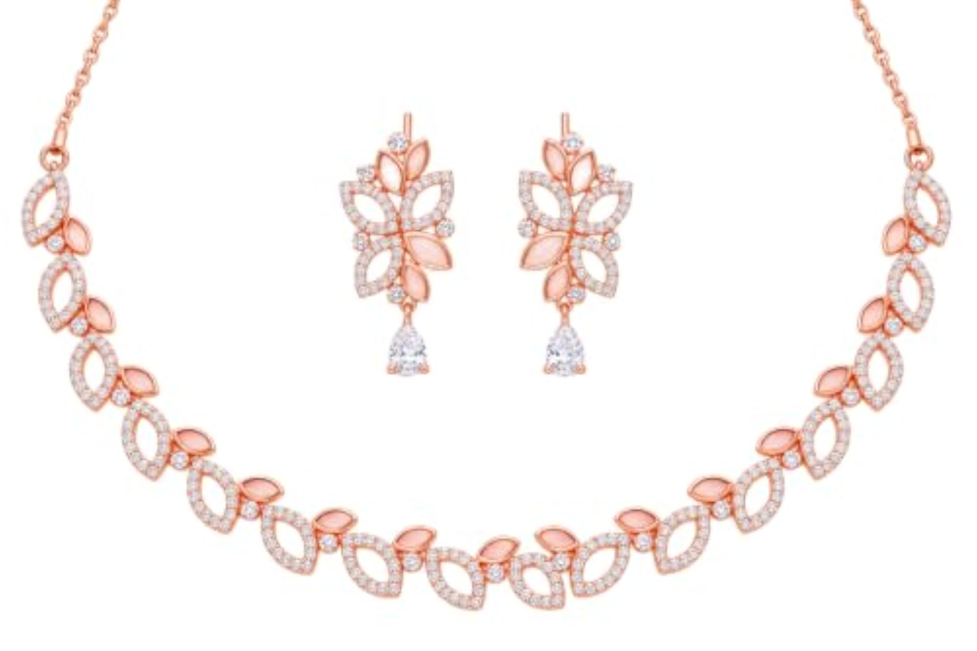 Women's Rose Gold Plated Leaf Design Necklace & Earrings Set