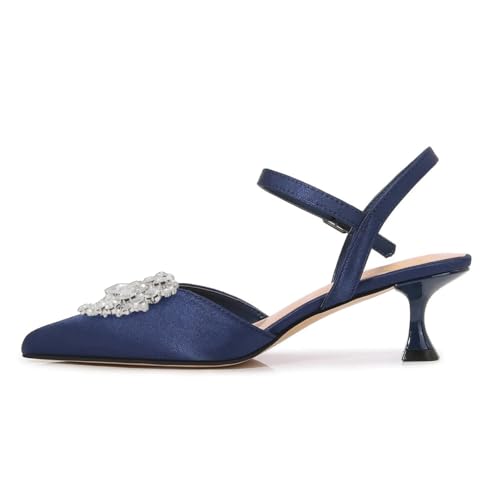 XYD Women Elegant Pointed Toe Pumps Heart-Shaped Crystal Low Heel Classic Ankle Strap Kitten Sandals Dating Party Shoes2