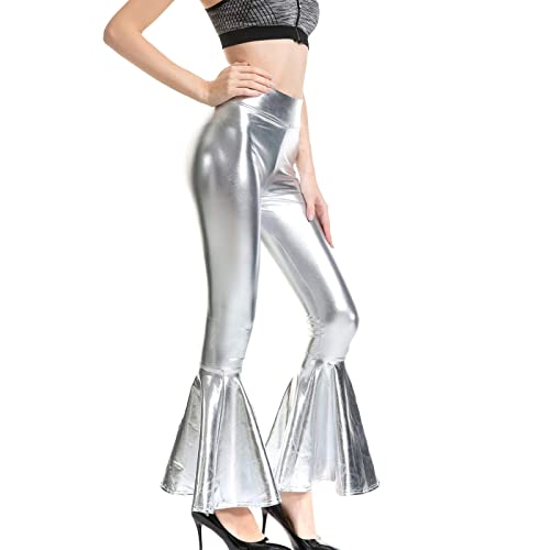 Femmes Brillant métallisé Flare Leggings pour Femmes Sexy Taille Haute Cloche Bas Pantalon Stretch 70s Disco Yoga Pantalon Short Boxe Fille Cover