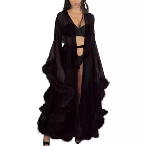 Image of Long Fur Tulle Robe for Women, Maternity Lingerie, Sexy Robe for Maternity Photoshoot
