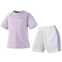Amur Leopard Jogginganzug Kinder Mädchen Trainingsanzug Jungen 2tlg Kurzarm T-Shirt & Shorts Atmungsaktive Sommer Outfit für Outdoor Sport Laufen, Lila + Weiß, 140-146 (Etikettengröße: 10Y/155)