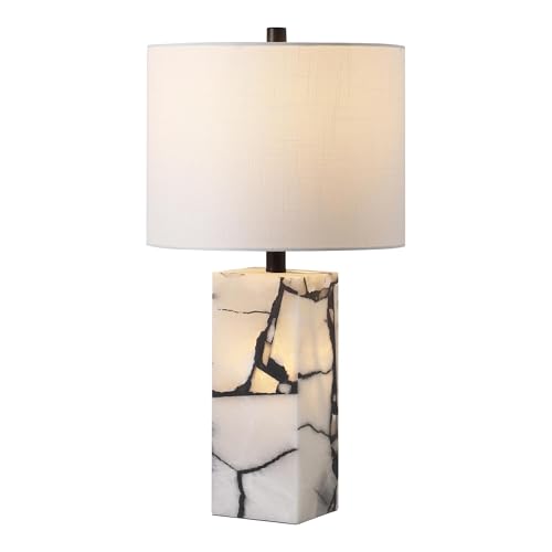 ZR98US Alabaster Table Lamp with Linen Shade Adjustable for Bedrooms and Offices (White/Gold Leaf 27.5cm)