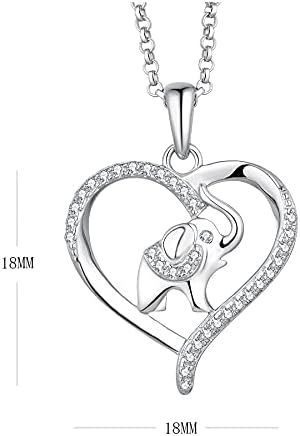 JO WISDOM Women Elephant in Heart Necklace,925 Sterling Silver Lucky Animal Amulet Pendant Necklace with 3A Cubic Zirconia with White Gold Plated