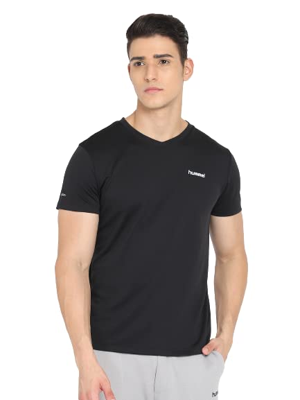 Image of hummel Amero V Neck Half Sleeve Solid Regular fit Polyester T-Shirt for Men Comfortable Breathable Fabric Stretchable for Everyday Use Ideal for Yoga Training Gym Running or Performance