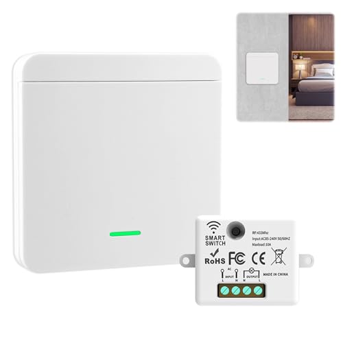 Interrupteur Sans Fil Kit, Va et Vient Sans Fil avec Récepteur 10A 230V 433MHz Pour Lampe Jusqu'à 1500WInterrupteur Radio D'éclairage Télécommandé Portée 30m (1 Récepteur + 1 Interrupteur)