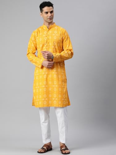 Majestic Man Men's Cotton Regular Fit Casual Mandarin Collar Ethnic Motifs Printed Long Regular Kurta